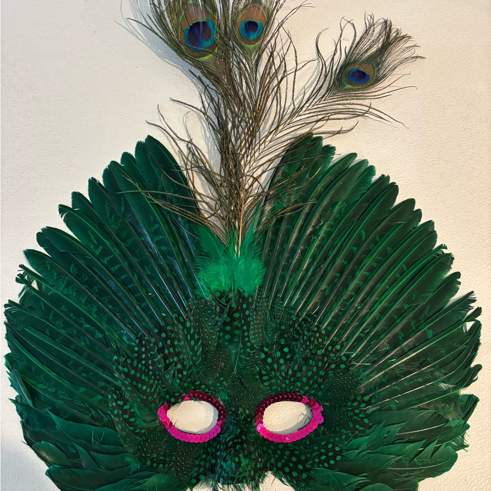Peacock Feather Mask with Pink Accents